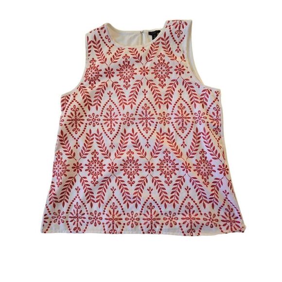 Ann Taylor Womens Sleeveless Red White Embroidered Cotton Tank Blouse Medium Pet - Picture 4 of 11